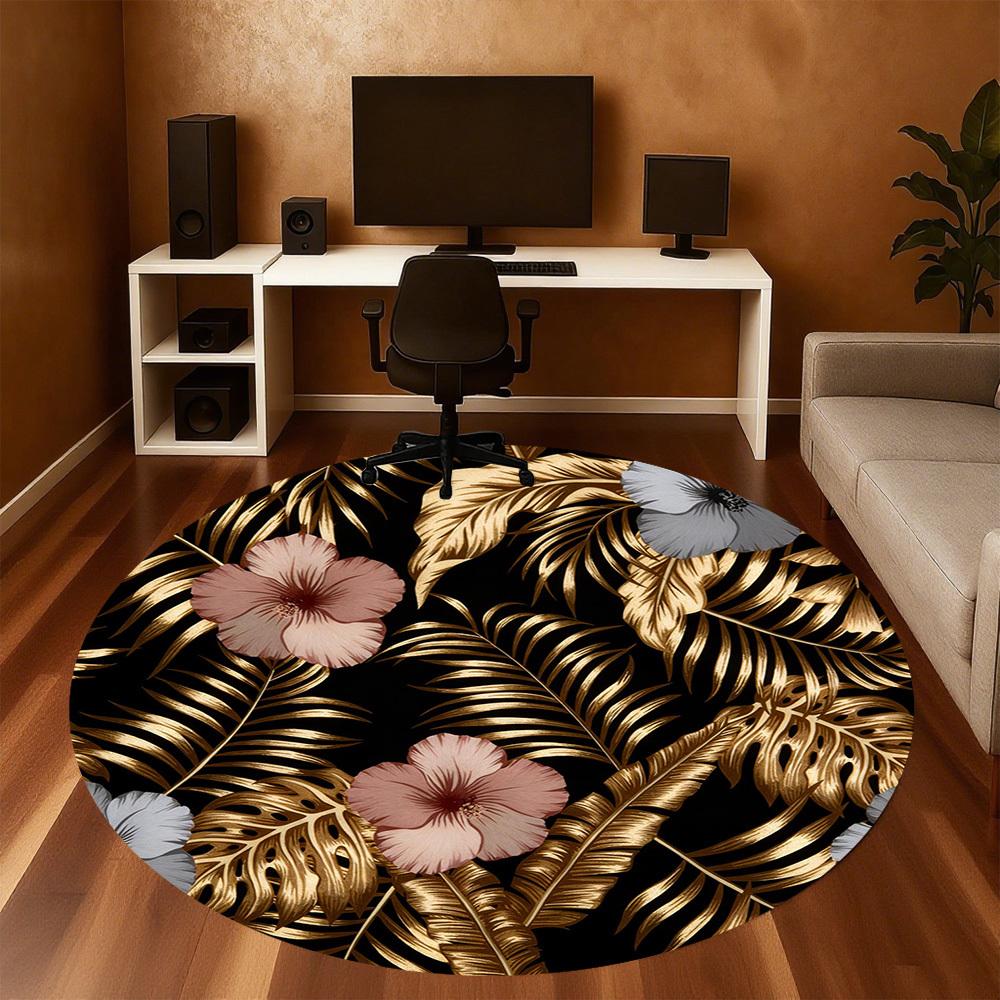1pc Tropical Leaves Flowers Round Chair Mat Office Area Rug - Non-Slip, Floor Mat for Office, Bedroom, and Indoor Decor P127195
