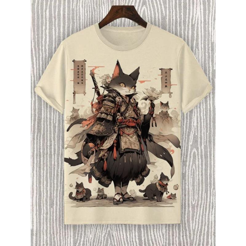 Men's T-Shirt Japanese Style Samurai Cat Graphic 3D Printed T-Shirt Casual Short Sleeved Tee Outdoor Oversized Men Clothing Tops