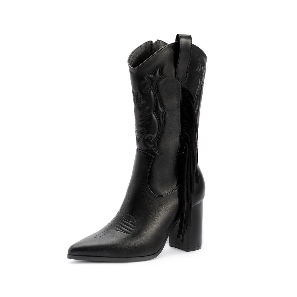 Women's High-Heeled Mid-Calf Boots: European & American Style, Large Sizes, Pointed Toe, Embroidery, Fringe, White, Western Cowboy.