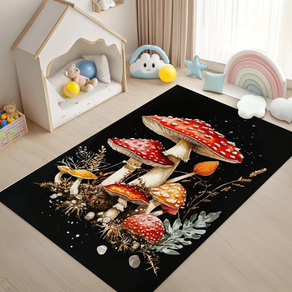 Mushroom Cluster Carpet Rug Black Background Mat Home Decoration Playful Kids Room Soft Floor Mat Children Bedroom Living Room