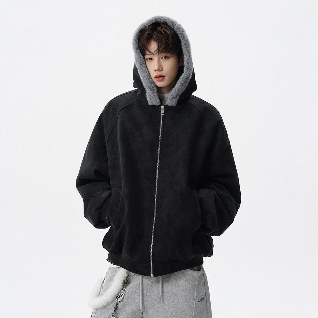 Men's American Style Fur Collar Winter Jacket - High Street Fashion Warm Hooded Cotton Coat