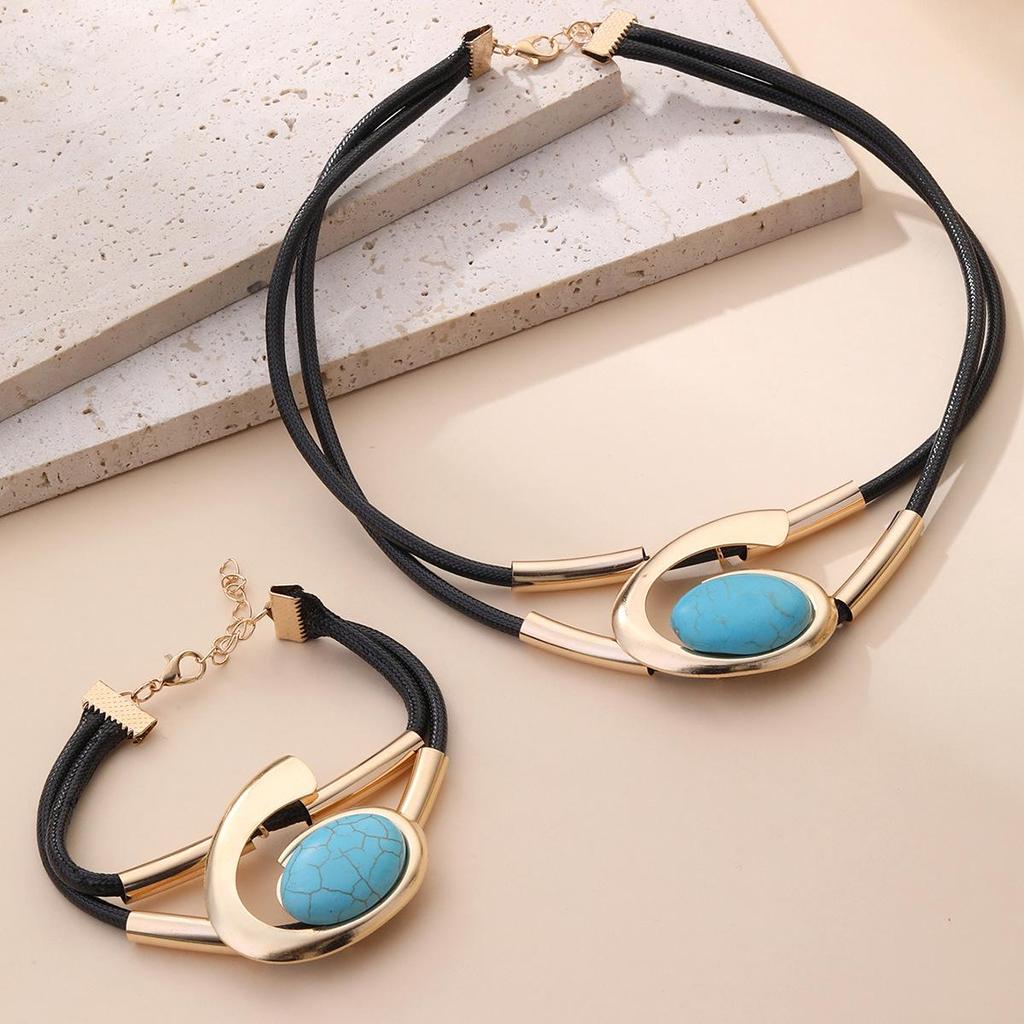 Böhmisches Acryl Schnecke Ovales Auge Schmuckset: Damen Wachskordel Halskette & Armband