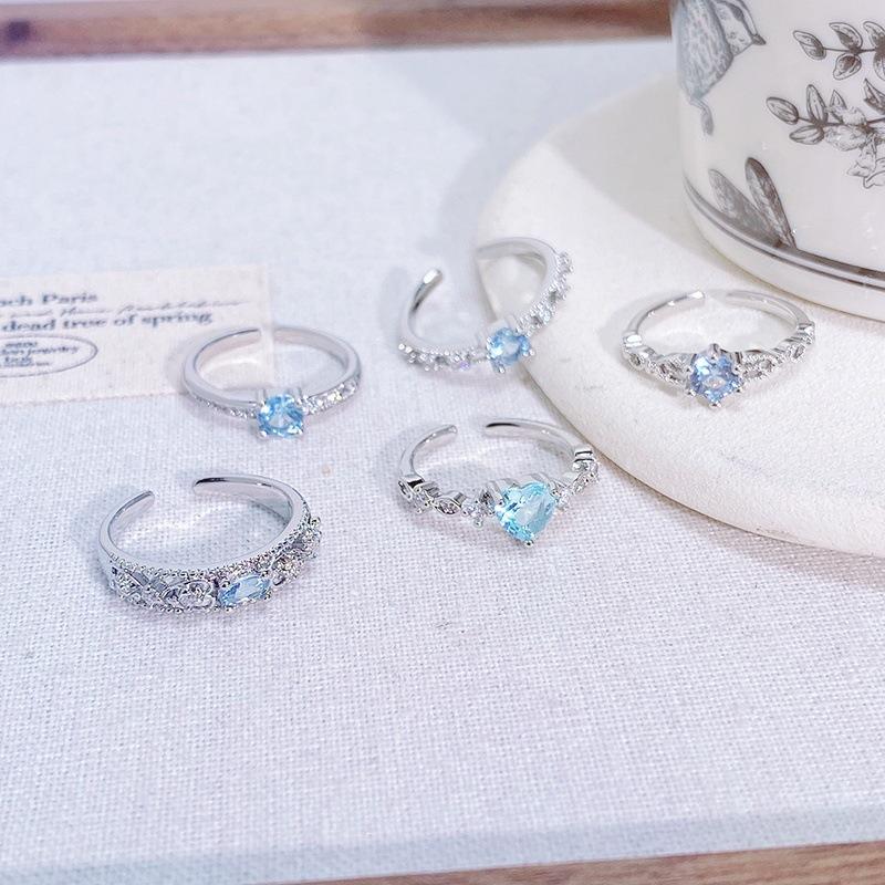 Explosive Sea Blue Zir*****Pen Ring Women'S Light Luxury Exquisite High-End Sense Niche Geometric Stacking Ring