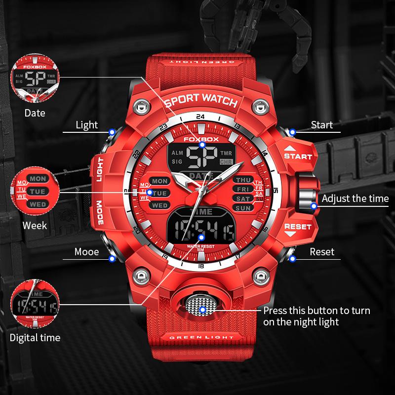 Dual Display Watch Men FOXBOX Top Brand Luxury Sport Digital Military Mens Watches Silicone Strap Chronograph Man Wristwatch+box