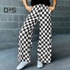 Damenhose, elastisch, hohe Taille, karierter Druck, weites Bein, Freizeithose, lockere Passform, Hose für Urlaub, Arbeit, Alltag