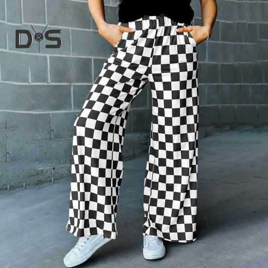 Damenhose, elastisch, hohe Taille, karierter Druck, weites Bein, Freizeithose, lockere Passform, Hose für Urlaub, Arbeit, Alltag