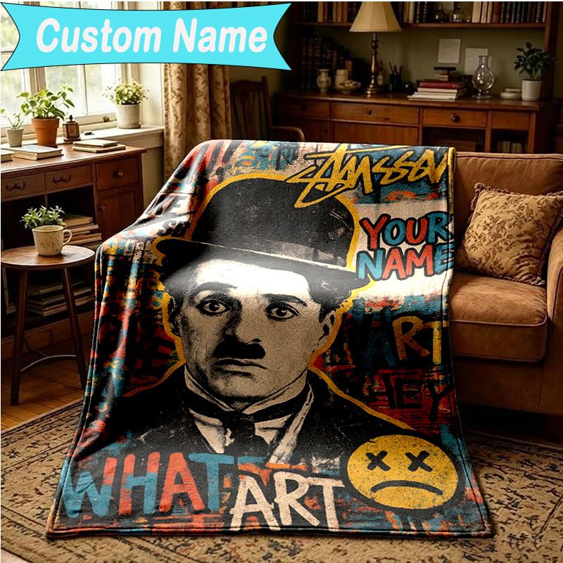 1PC Custom Name Blanket Silent Laughter Charlie Flannel blankets Patterns Throw Blanket All-Season Soft Gift for Couch, Bed, Camping, Birthday gifts