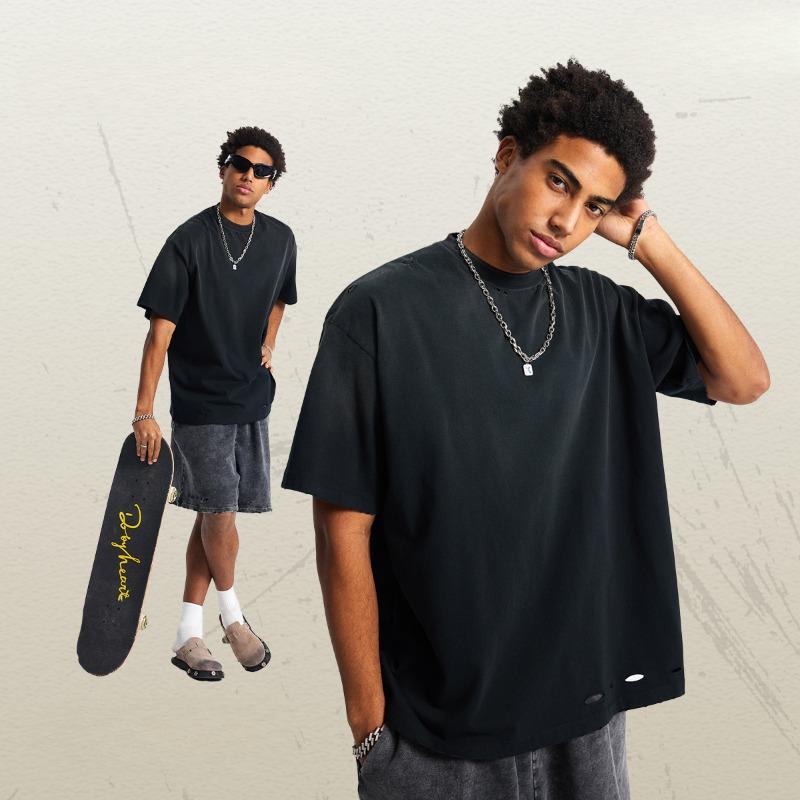 

EastRogue Spray-dyed, Ripped and Washed Men s Short-sleeved T-shirt, Loose and Distressed, Trendy Short-sleeved T-shirt S