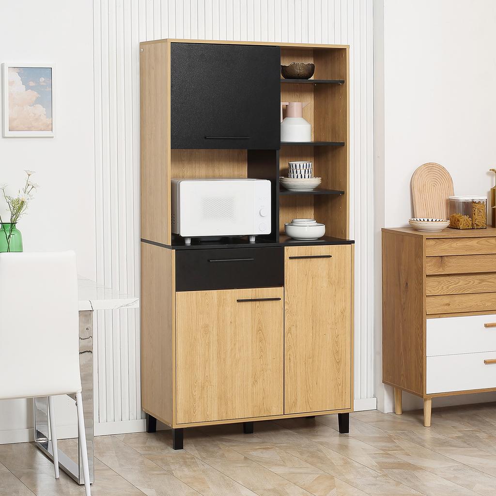 Meuble de cuisine multi-rangement avec tiroir, 3 portes, 4 niches et passe-câbles, hauteur 180 cm, noir et bois naturel
