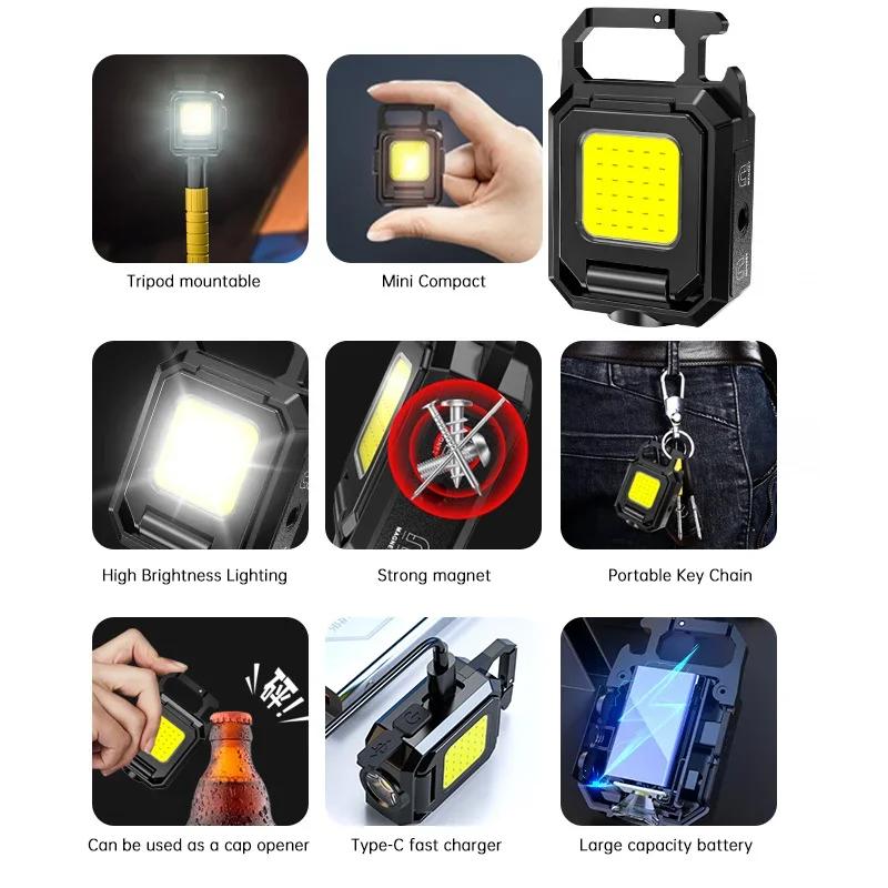 LED Mini Keychain Light XPE Pocket Work Light COB Flashlight USB Rechargeable Emergency Flashlight for Outdoor Camping Fishing