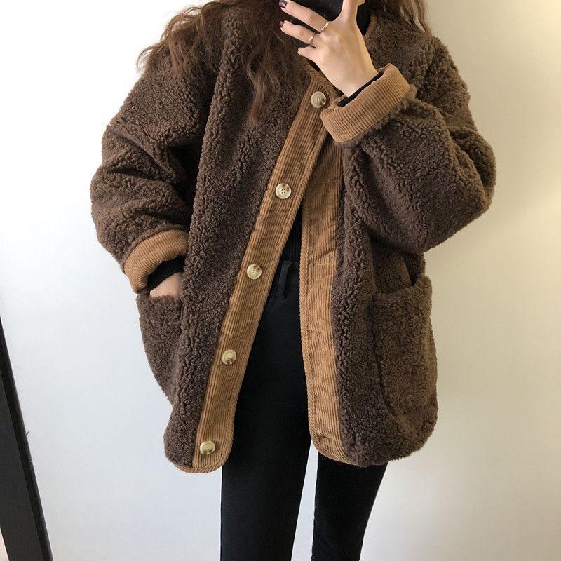 Korean Style Lamb Wool Corduroy Patchwork Coat - Women's Round Neck Loose Fit for Autumn and Winter