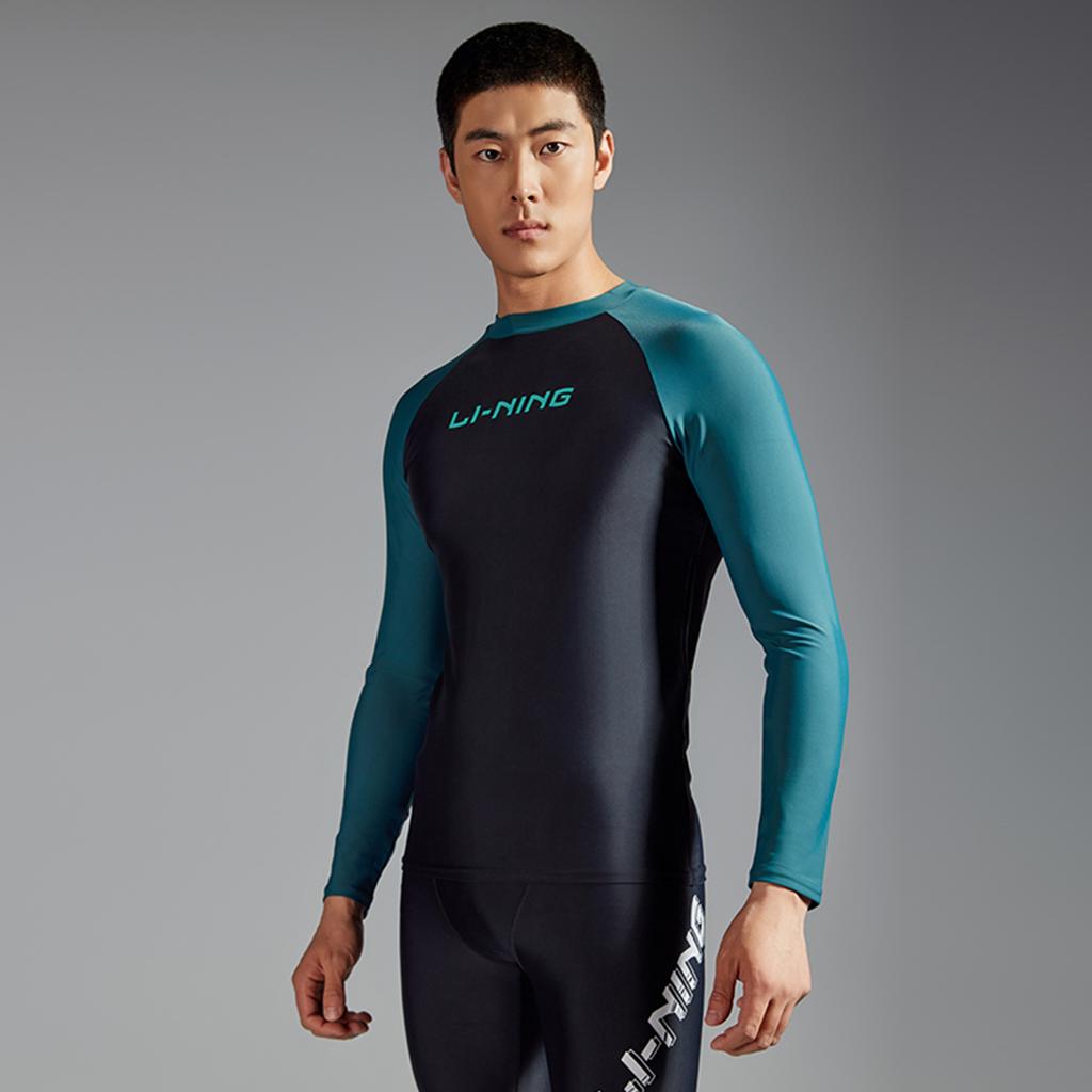 Li Ning Swimming Series Letter Round Neck Pullover Long Sleeve Swimsuit Men swimsuit Balm-Green Black ASLT085-3