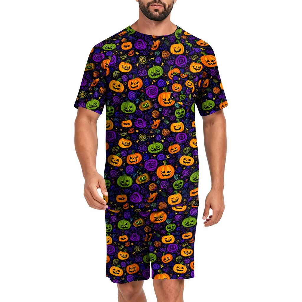 Set Pigiama Casual da Uomo per Halloween Top a Manica Corta e Pantaloncini Leggero Traspirante Abbigliamento da Notte e per il Tempo Libero