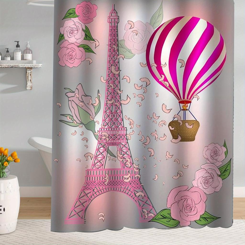 Light Pink Paris Eiffel Tower Decorative Shower Curtain with Hooks, Women's Eiffel Tower and Flowers Romantic Couple