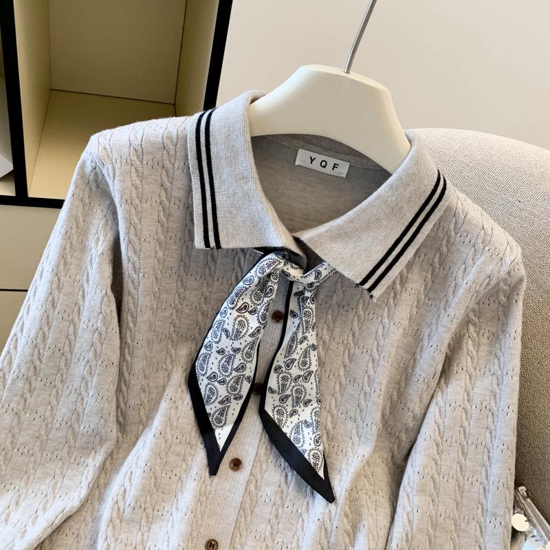 2025 Autumn/Winter Stylish Knit Cardigan with POLO Collar & Silk Scarf Bow Tie for Women