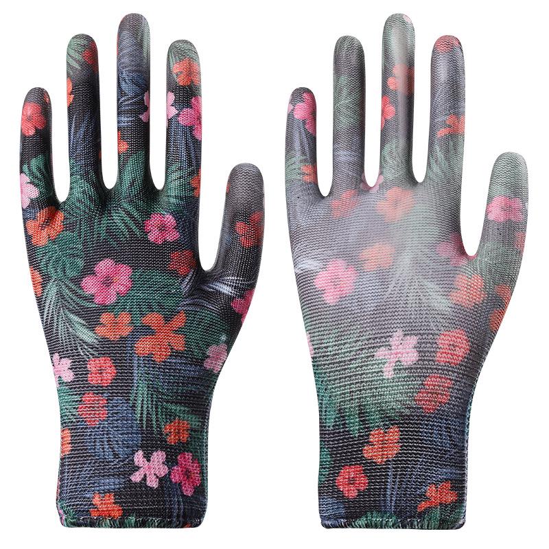 Women's Thin Nylon PU Anti-Slip Breathable Work Gloves: Wear-Resistant, Adhesive Coated Palm and Fingertips for Safety.