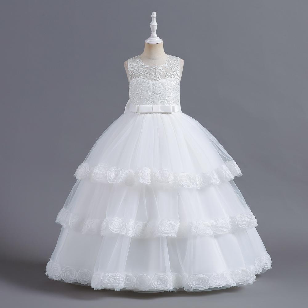 Girl's Lace Embroidery Bow Performance, Birthday Wedding Princess Dress, Skirt