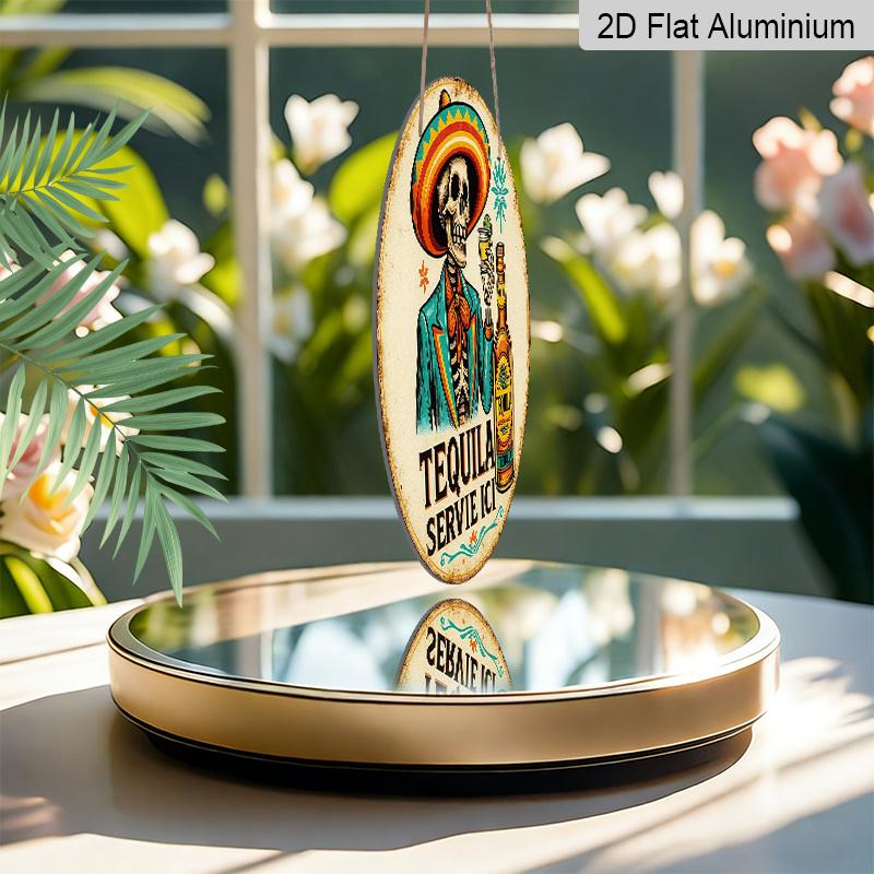 Plat 2D, 1 pièce Rond "Tequila Servie Ici" Panneau Suspendu en Aluminium, Design Squelette Mexicain Sombrero Tequila Vintage, Décoration Murale Métallique Rétro, Parfait pour