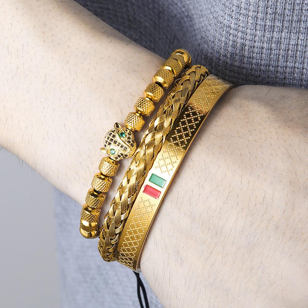 Hip Hop Leopard Head Zircon Copper Stainless Steel Bracelets Set For Men And Women