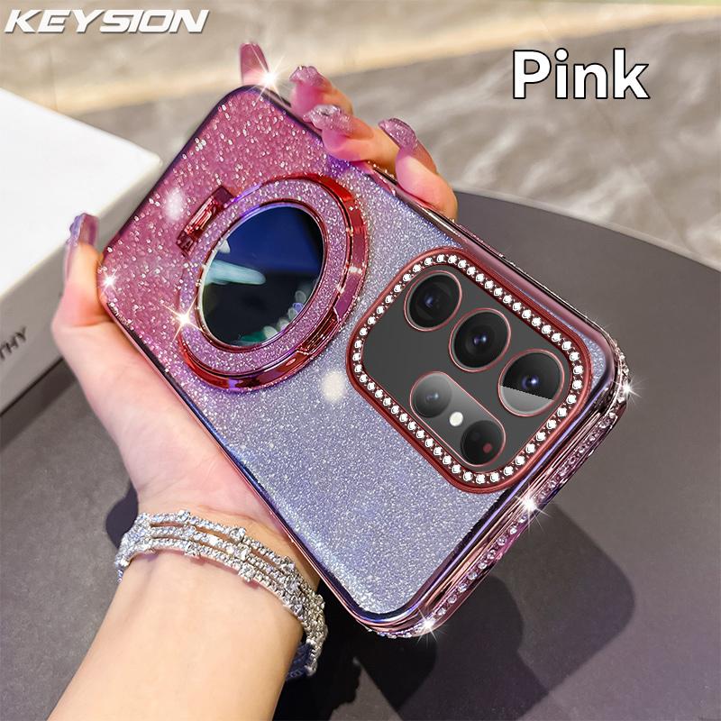 KEYSION Glitter Jewelled Magnetic Phone Case for Samsung Galaxy S25 Ultra 5G S24+ Plus S23 FE Makeup Mirror Stand Shockproof Cover