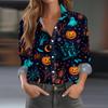 Women Halloween Print Long Sleeve Casual Fit Button Down Shirt Top with Festive Patterned Design for Seasonal Wear