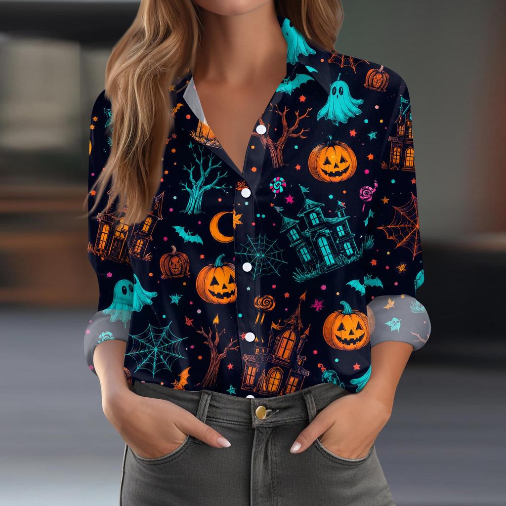 Women Halloween Print Long Sleeve Casual Fit Button Down Shirt Top with Festive Patterned Design for Seasonal Wear