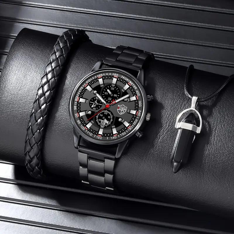 

3pcs/set Fashion Men s Sports Stainless Steel Strap Quartz Watch & Bracelet Neckalce Set, Ideal Choice for Gifts