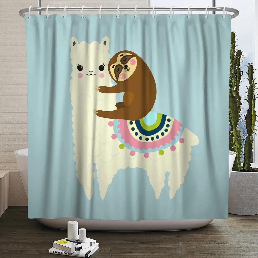 Roztomilý Vtipný Lama Alpaka Sprchový Závěs Zábavná Kreslená Zvířata Kaktus Sprchové Závěsy do Koupelny Domácí Dekorace Vodotěsný Koupelnový Závěs