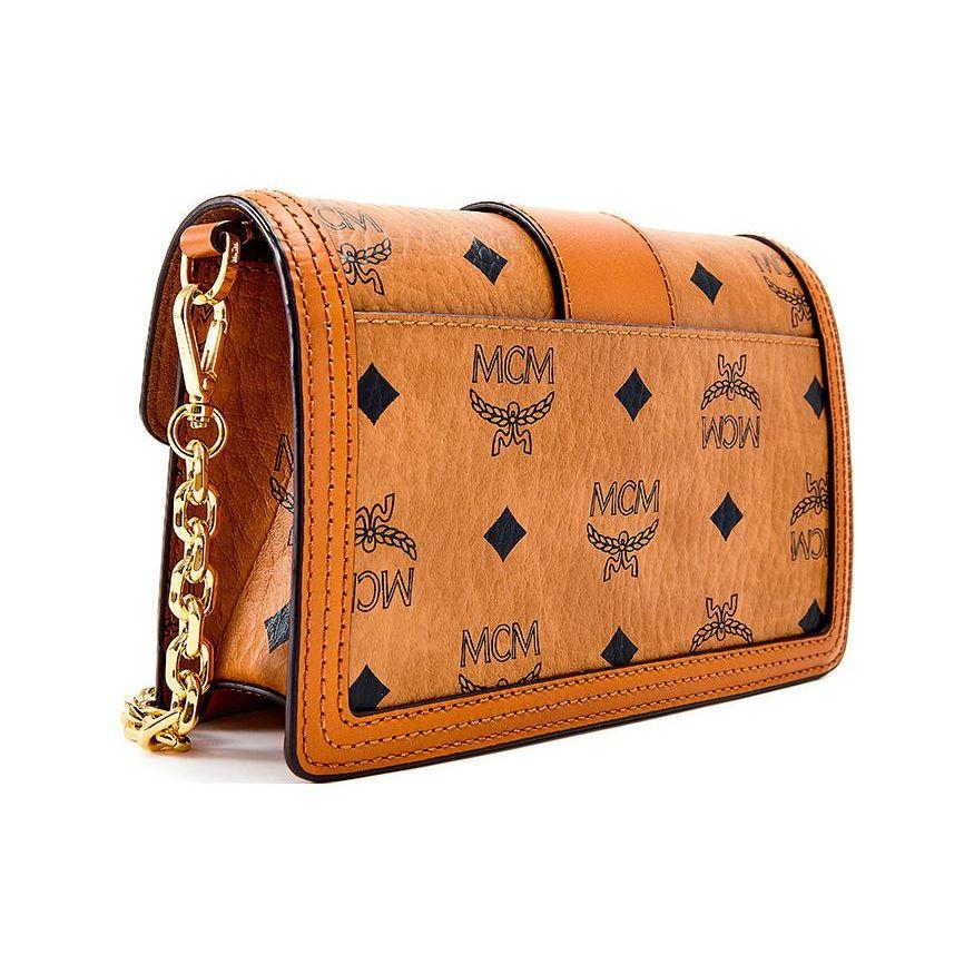 MCM Cognac Visetos Monogram Chain Wallet with Gold Lock Closure for Daily & Evening Use