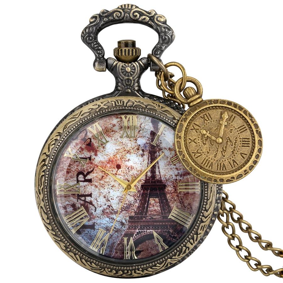 

Transparent Glass Eiffel Tower Dial Design Quartz Pocket Watch Roman Numbers Display Pendant Clock Necklace reloj with Accessory