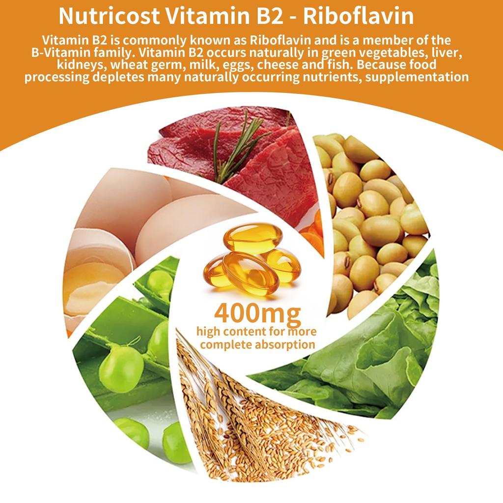 GREVIP Vitamin B2 Riboflavin, 400 mg per serving, supports energy and metabolic health, non-GMO.