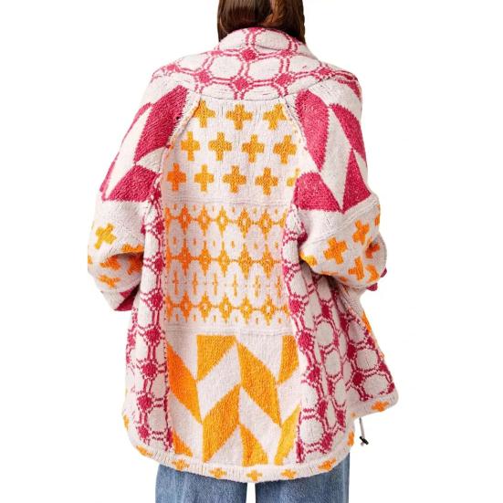 

Кардиган-свитер с регулируемым кулиской по низу, отворотом, длинным рукавом, графическим принтом, свободным кроем, большой кардиган-шаль розы красного