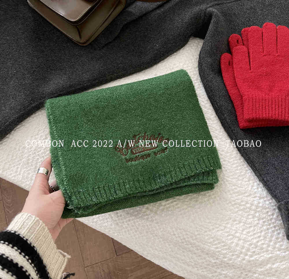 

Wool Knitted Scarf Winter Women S High-End Sense Retro American Embroidered Wool Scarf Men S Warm Student Neck Protection зелёный