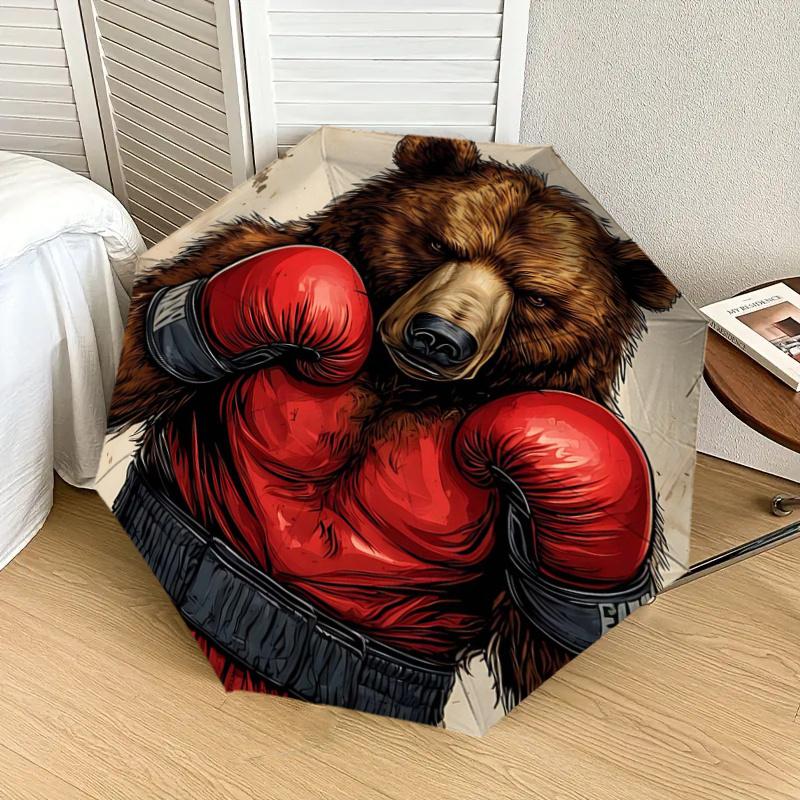 Boxing Bear with Boxing Gloves - Automatic Opening Umbrella, Portable Folding Design, 8-Rib Iron Frame Outdoor Umbrella, Ideal Gift for Fans