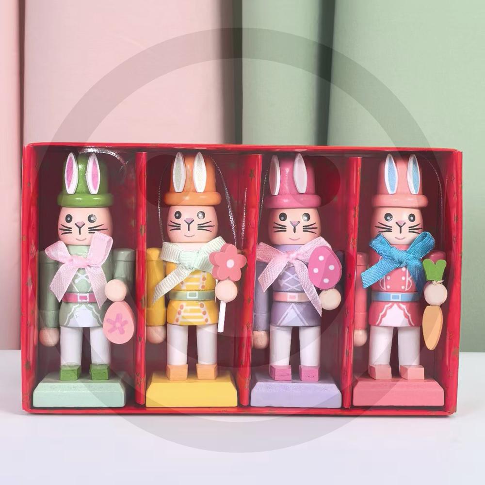 4Pcs Easter Bunny Nutcracker Soldier Tabletop Figurine Office/Home Festive Decor 4 Inch Hanging Wooden Easter Nutcracker Figures