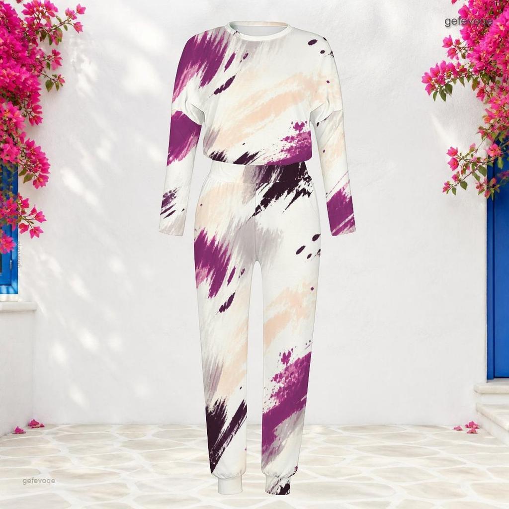 Women Plus Size Printed Turquoise Blue Round Neck Long Sleeve Top Cuffed Pants Two Piece Set With Pockets