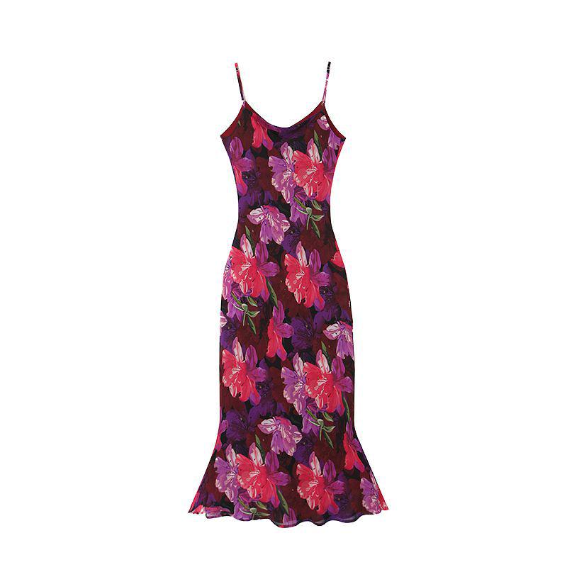 French Waist Purple Floral Mermaid Camisole Dress - Plus Size, New Spring Arrival 4XL