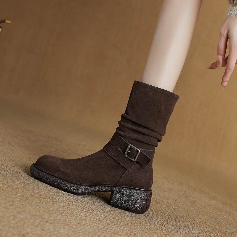 Krazing Pot Cow Suede Nubuck Pleated Decoration Autumn Winter Shoes Chunky Heels Size 43 Size 42 Round Toe Zipper Retro Fashion Mid-calf Boots