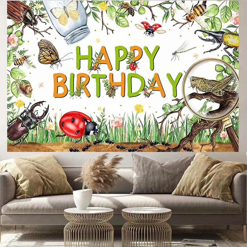 2D Bug Adventure Happy Birthday Backdrop, Kids Nature Party Banner, Photography Background
