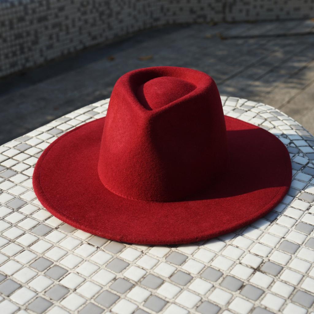 Japanese Retro Angola Red Woolen Flat Top Top Hat Women'S Autumn And Winter French Wide Brim Burgundy Jazz Felt