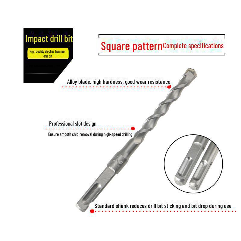 Impact Hammer Drill Bit for Drilling Through Concrete and Cement Walls with Round and Square Handles, Two Pits, and Two Grooves.