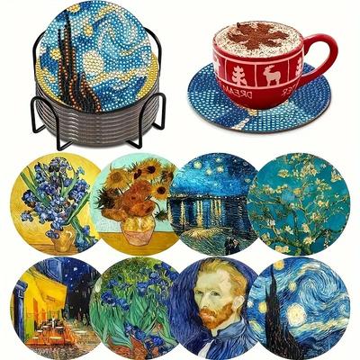 8 Pieces/set Starry Night Pattern Painted Coaster Set with Stand DIY Coaster for Beginners and Adults, Art and Crafts Supplies Gift
