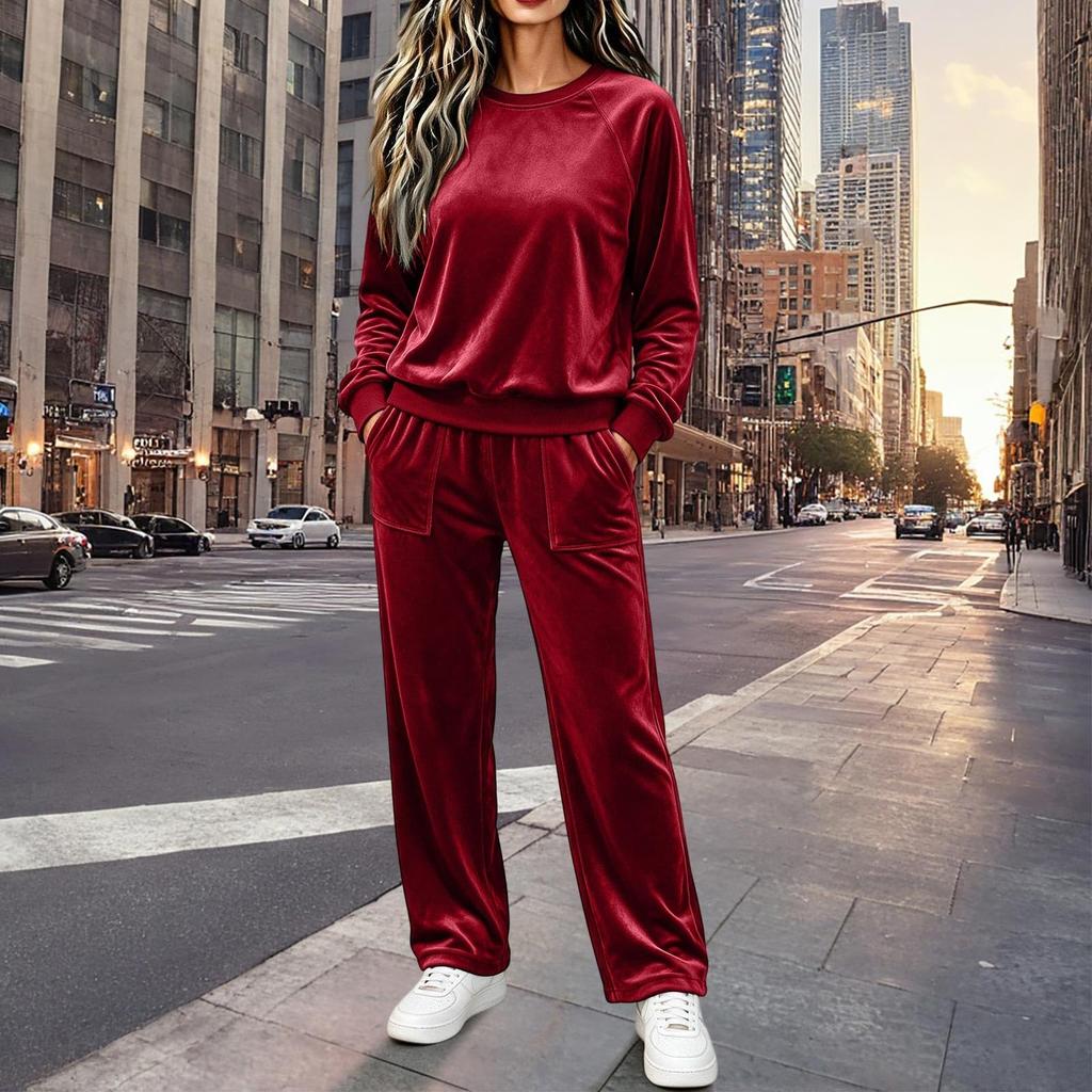 Women's Velvet Set Casual Loose Fit Neck Long Sleeve Top and Pants 2 Piece Outfit