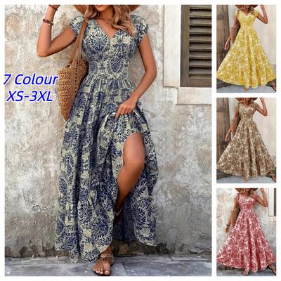 Women's Summer New Fashion Printed Sexy V-neck Short Sleeve High Waist Elastic Waist Medium Length Bohemian Dresses