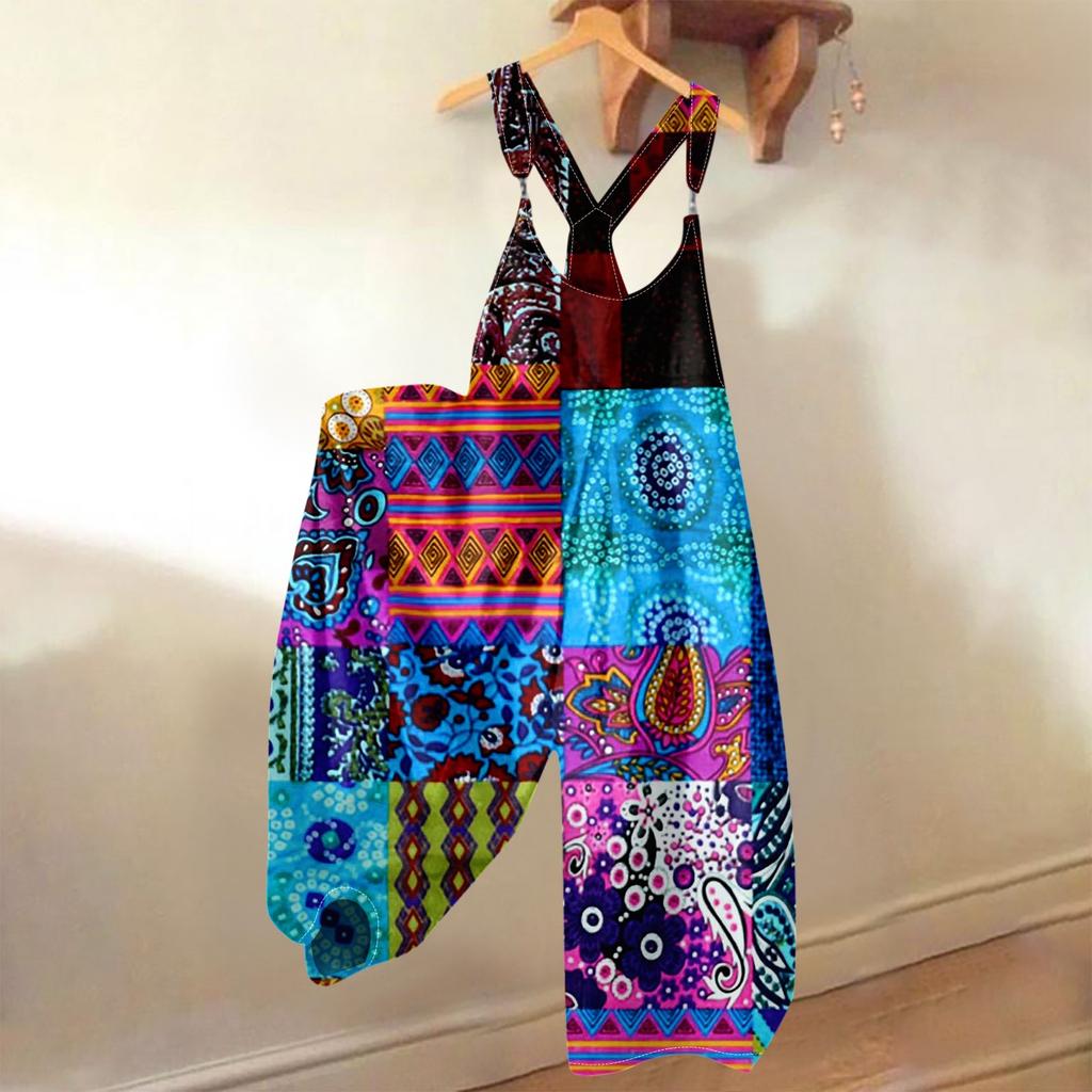 Damen Sommer Overalls Blumendruck Vintage Jumpsuit (Nicht verstellbare Träger)