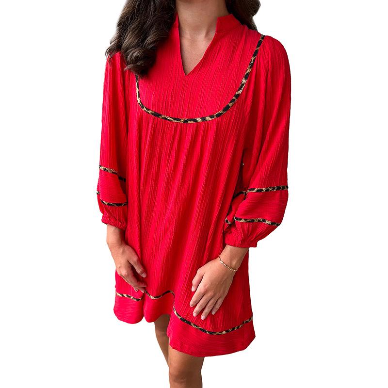 

2025 Winter V-neck Leopard Print Pullover Dress with Beaded Trim – Women s European & American Fashion Versatile Loose Short Skirt Small