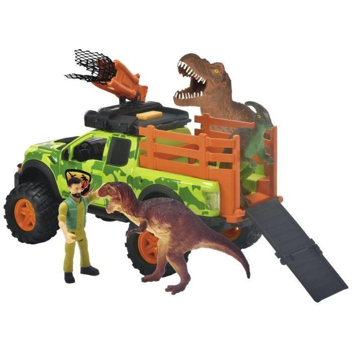 Dickie - Chasseur de dinosaures - Véhicule + Treuil + figurine articulée et 3 dinosaures - Sons et lumières