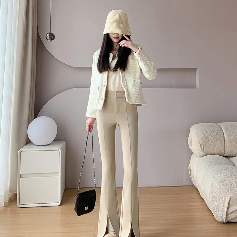 

Расклешенные брюки с разрезом Осень Зима Новые Узкие Повседневные Брюки Облегающие Эластичные Брюки Клеш Брюки Длиной Девять Четвертей Брюки Костюмные Длиной в Пол 5XL бежевый