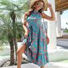 Vintage Print Halter Sleeveless Long Dress Women Spring Summer Holiday Lace Up Strap S-XL