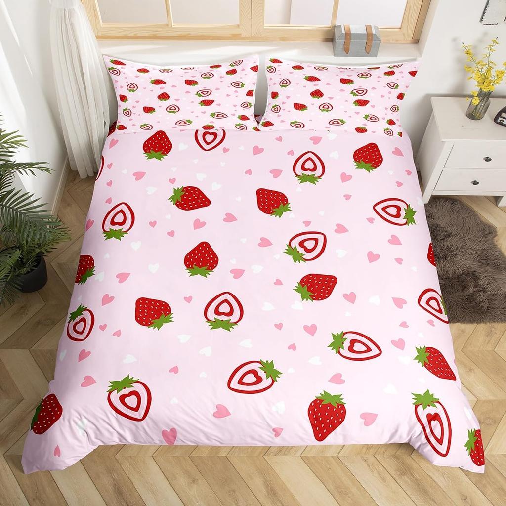 Strawbery Soft Duvet Cover Kawai Strawbery Beding Set for Children Kids Young Boys Young Girls Lovely Swet Fruits Theme Warm Comforter Cover Twin Quen